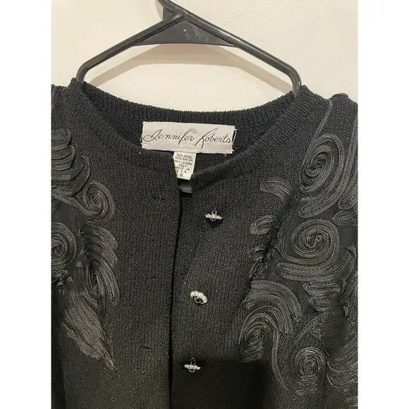 Vintage Jennifer Roberts wool jeweled cardigan 1980s black size 8 - Picture 2 of 7